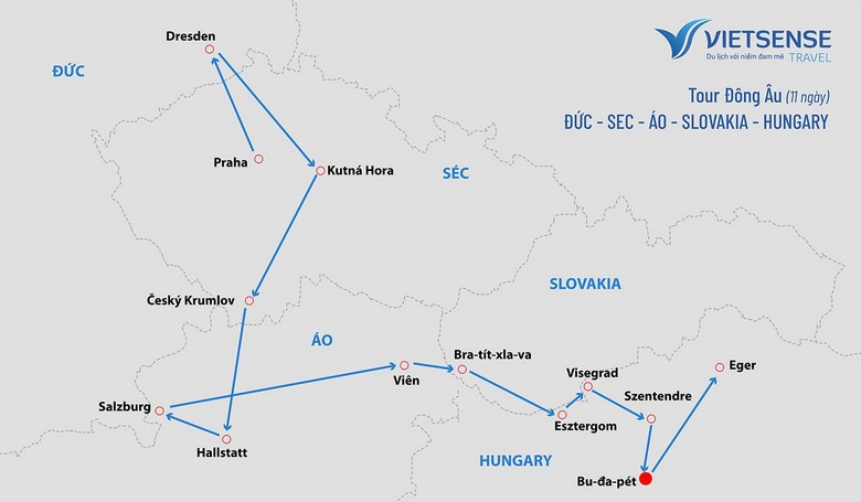 Bản đồ cung đường vàng Đông Âu qua Đức, Séc, Áo, Slovakia, Hungary