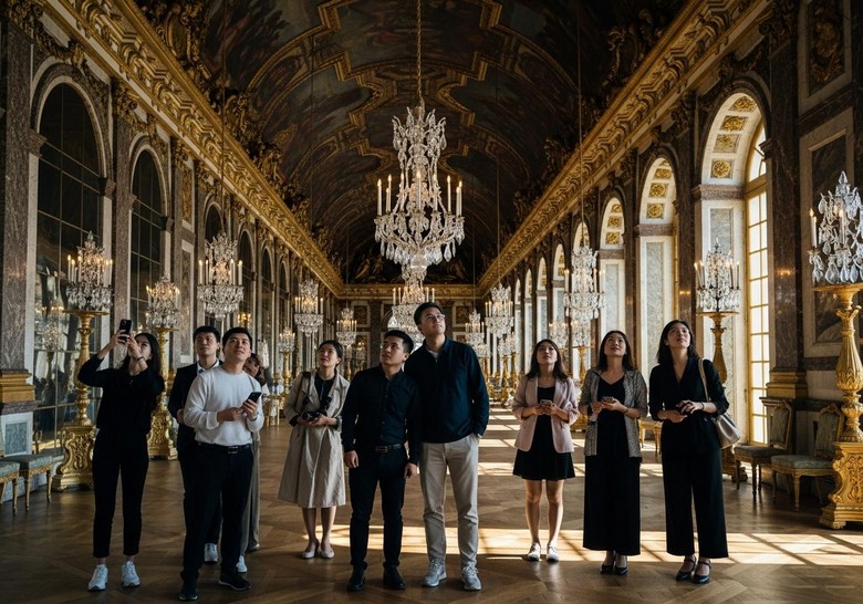 Khách tham quan xếp hàng trước cổng vào cung điện Versailles