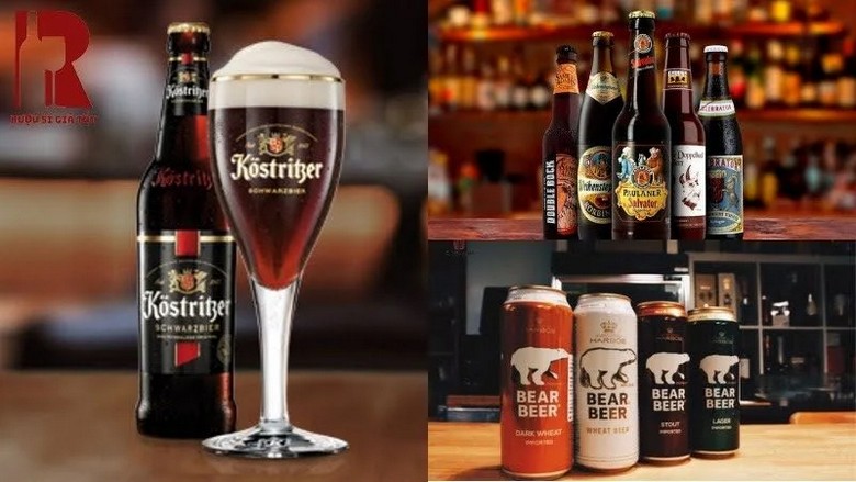 Ly bia Doppelbock màu nâu đỏ đậm với nhãn hiệu kiểu tu viện