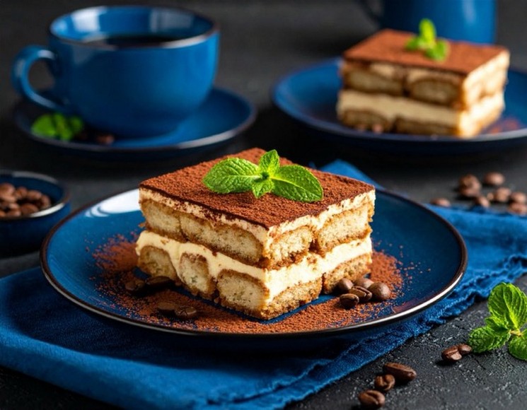 Một khay tiramisu xếp lớp với lớp bột cacao phủ trên cùng