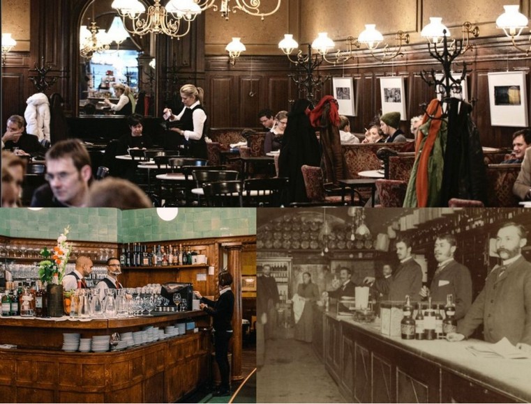 Quán cà phê cổ điển Vienna với bàn đá cẩm thạch và ghế Thonet